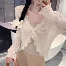 批发蕾丝边v领针织开衫<b class='q'>防晒</b><b class='q'>外套</b>女夏季外搭吊带冰丝上衣