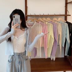 批发针织冰丝开衫短款长袖夏季春秋外搭空调衫<b class='q'>防晒</b>衣小披肩上衣女罩衫