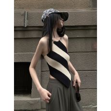 批发斜条纹挂脖针织背心女 不规则下摆<b class='q'>修身</b>显瘦辣妹风无袖上衣