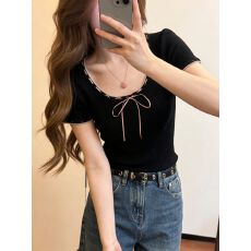 批发黑色方领撞色蝴蝶结短袖针织衫女 修身显瘦甜辣风短款上衣