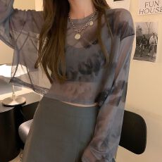 批发新款跨境<b class='q'>防晒衣</b>女夏季小众网纱罩衫宽松短款扎染长袖t恤ins