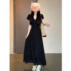批发大码胖mm法式<b class='q'>赫本</b><b class='q'>风</b>时尚黑色V领连衣裙女夏季收腰显瘦气质长裙子