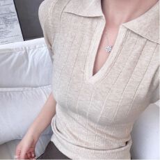 批发韩系穿搭Polo领五分袖针织<b class='q'>打底衫</b>女春夏新款修身显瘦内搭正肩上衣