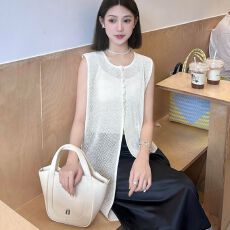 批发韩系温柔风镂空针织无袖<b class='q'>马甲</b>女宽松显瘦中<b class='q'>长款</b>叠穿开衫上衣
