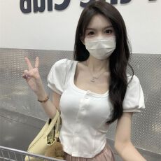 批发罗纹 甜辣短袖T恤女短款<b class='q'>开衫</b>泡泡袖上衣