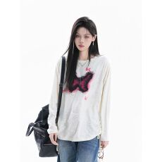 批发<b class='q'>欧美</b>风扎染网纱蝴蝶磨破设计感长袖春季情侣上衣T恤