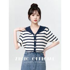 批发条纹冰丝针织短袖T恤女夏2026夏季新款撞色海军领薄款<b class='q'>开衫</b>短上衣