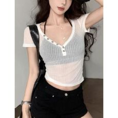 纯欲辣妹夏季新款薄款正肩修身显瘦体恤上衣