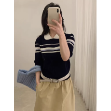 批发miu系条纹撞色polo翻领套头短袖针织衫女2026夏季短袖上衣