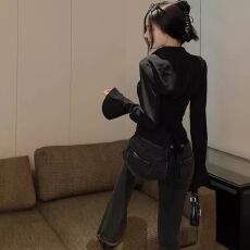 批发纯欲风绑带收腰喇叭袖衬衫女春夏辣妹显身材叠穿尖领衬衣白色上衣