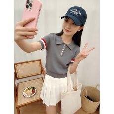 批发双袖彩杠提花学院风polo领收腰<b class='q'>针织衫</b>短袖女T恤2026春夏新款上衣