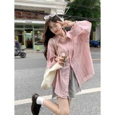 批发法式粉色格纹宽松衬衫外套夏季长袖防晒衬衣