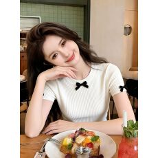 批发韩系气质蝴蝶结设计感短袖<b class='q'>针织衫</b>女2026夏季新款圆领修身百搭上衣