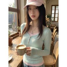 批发薄荷绿假两件长袖<b class='q'>T</b><b class='q'>恤</b>女2026 早春新款修身显瘦甜妹内搭打底衫上衣