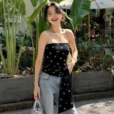 批发美式复古蝴蝶结绑带抹胸背心夏季穿搭满印设计感收腰修身绝美上衣