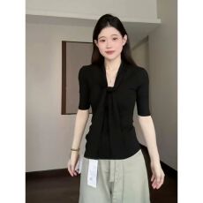 批发已出货 法式复古风系带v领显瘦五分<b class='q'>袖</b>T恤夏季新款设计感气质<b class='q'>上衣</b>