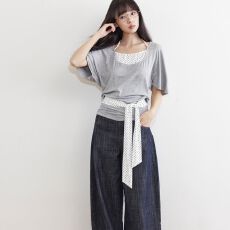 批发已出货 韩系简约复古风<b class='q'>蝙蝠</b>袖绑带设计假两件短袖T恤夏季上衣