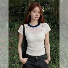 批发韩系简约学院风撞色设计感小众短袖针织衫<b class='q'>夏</b>季新款显瘦上衣女