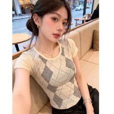 批发美式复古辣妹风印花针织衫短袖<b class='q'>夏</b>季新款撞色显瘦上衣女
