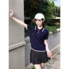 批发韩系简约学院风针织衫短袖<b class='q'>夏</b>季新款显瘦撞色百搭气质上衣女