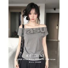批发美式复古辣妹风印花不对称<b class='q'>一字肩</b>短袖T恤夏季新款宽松上衣女