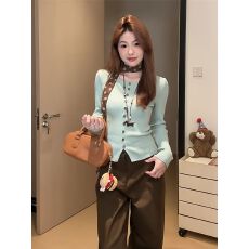 批发韩系甜美短款长袖针织衫女秋冬修身薄款毛衣<b class='q'>开衫</b>单穿小衫绿色上