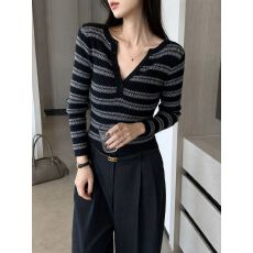 批发<b class='q'>条纹</b>半开领针织打底衫女秋季修身显瘦上衣 应季新款 纯欲风 港风