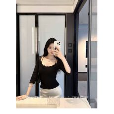 批发famouswang秋季新款智性美人韩系柳柳 假两件百搭蕾丝方领<b class='q'>中袖</b>