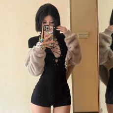 批发仿棉美式街头风绑带v领连衣裤<b class='q'>女</b>春秋裤子高腰连体短裤 新款上市