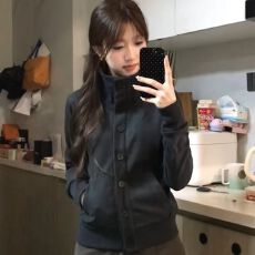 韩系复古短款外套女款秋季休闲百搭高级感小个子立领开衫夹克上