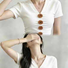 批发法式V领白色短袖T恤女装夏季立体花朵收腰<b class='q'>打底衫</b>内搭外穿洋气上