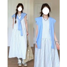 批发巨好看蓝色条纹披肩<b class='q'>连衣裙</b>子女2026新款夏季独特漂亮宽松A字长裙