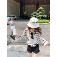 批发MR松弛感黑白条纹长袖t恤女<b class='q'>夏</b>薄款宽松防晒罩衫新款
