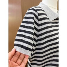 条纹polo领时尚半开扣短袖衫女夏季新款宽松翻领百搭