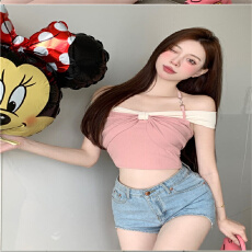 批发<b class='q'>夏</b>季纯欲甜心辣妹撞色一字肩T恤女小个子短款设计感显瘦露肩上