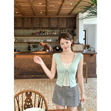 批发韩版甜美风假两件V领短袖T恤女<b class='q'>夏</b>小清新系带减龄新款