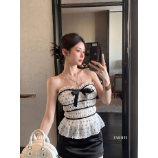 批发柔美俏皮风波点抹胸背心女夏款系带蝴蝶结裹胸带胸垫一体小上衣