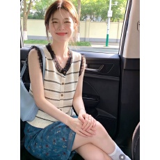 批发韩系气质撞色条纹花边衫女<b class='q'>夏</b>季宽松显瘦无袖坎肩上衣新款