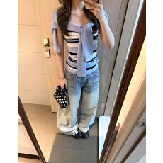 批发韩系简易风条纹两件套女<b class='q'>秋</b>冬季长袖开衫吊带套装新款百搭