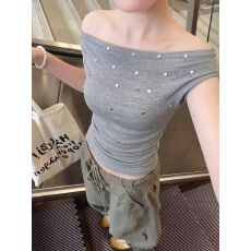 批发简约氛围感露肩钉珠一字肩收腰钻饰吊带背心小众设计短款上衣女