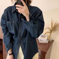 批发2026港风复古polo领单排扣洗水仿<b class='q'>牛仔</b>衬衫外套叠穿宽松长袖上衣女