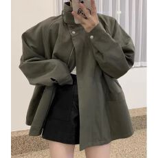 批发外贸韩国chic2026复古立领斗篷设计大口袋宽松<b class='q'>百搭</b>长袖风衣外套女