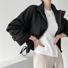 批发外贸~韩国chic早春复古连帽拉链宽松休闲<b class='q'>百搭</b>纯色长袖短款外套女