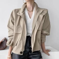 批发外贸2026<b class='q'>韩国</b>chic复古立领拉链宽松大口袋设计长袖工装夹克短<b class='q'>外套</b>