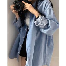 批发外贸复古翻领衬衫女外穿百搭2026新款早春韩风宽松中长款开衫上衣