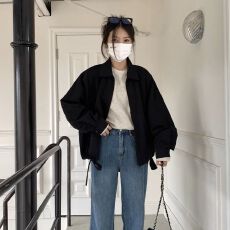 批发26早春新款<b class='q'>韩国</b>酷黑甜飒翻领绑带拉链短款风衣冲锋衣灯笼袖女<b class='q'>外套</b>