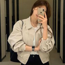 批发韩国早春新款高级感气质纯色短外套女小个子简约<b class='q'>百搭</b>夹克工装上衣