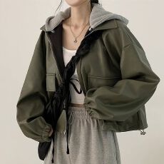 批发有内里+送可拆卸帽子 韩国chic秋冬拉链大口袋短款连帽<b class='q'>皮衣</b>外套