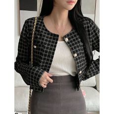 2026韩国chic复古小香风圆领镶边珍珠纽扣设计格纹短款外套春秋款