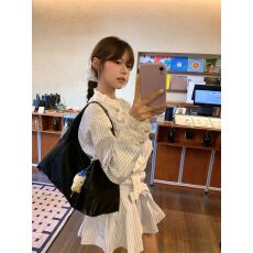 批发2026韩系学院风条纹拼接长袖<b class='q'>衬衫</b>连衣裙女早春收腰显瘦A字短裙子